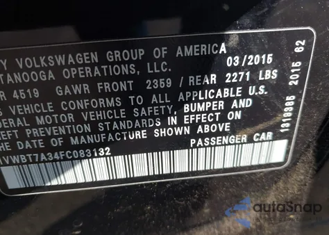 2015 Volkswagen Passat 1.8T Se z USA, uszkodzony, nr VIN 1VWBT7A34FC083132